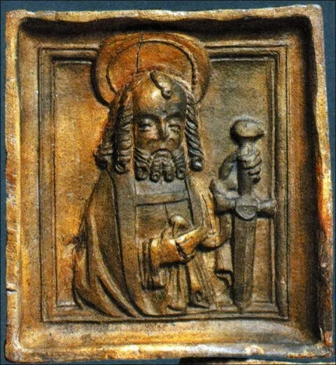Neskorogotická kachlica so sv. Pavlom, 15. stor., Stredoslovenské múzeum, Banská Bystrica