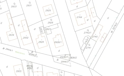 Výrez z vektorovej katastrálnej mapy v zastavanom území obce Gabčíkovo.