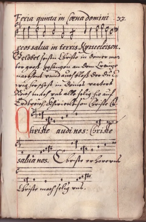 Responsoria hymni aliaque cantiones, fólio 33 r, 1601, dnes v Hudobnom múzeu SNM v Bratislave