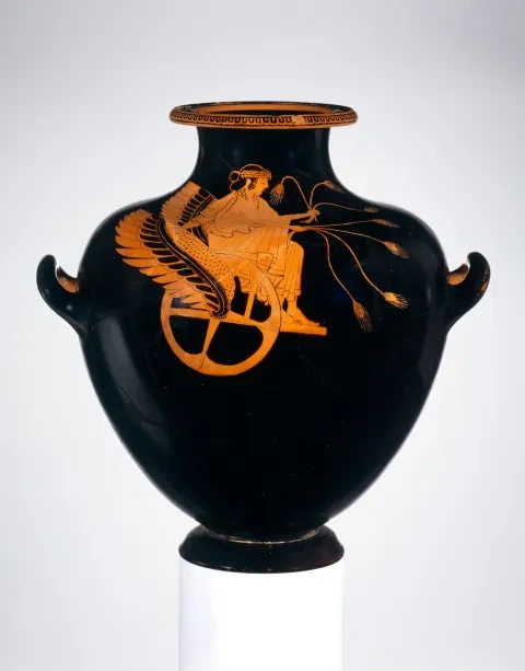 Hydria s červenofigúrovou maľbou Triptolema na okrídlenom voze, okolo 490 pred n. l., Metropolitné múzeum umenia, New York