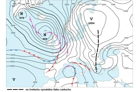 Znázornenie hrebeňa vysokého tlaku vzduchu na synoptickej mape