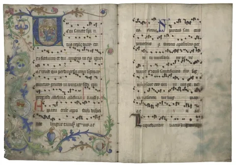 Iluminovaná dvojstrana z Bratislavského antifonára, 15. stor.