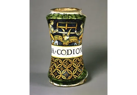 Albarello, okolo 1505 – 10, renesančná majolika z Deruty, Metropolitné múzeum umenia, New York