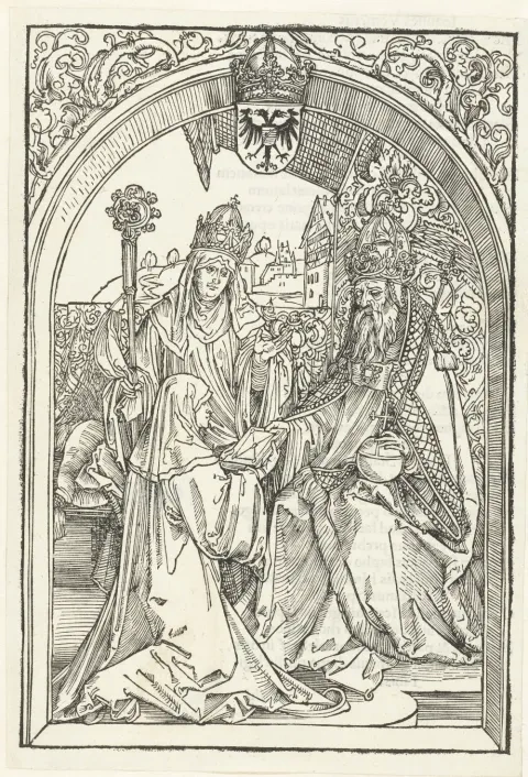 Albrecht Dürer: Hrotsvitha slávnostne odovzdáva svoje diela cisárovi Otovi I. Veľkému, 1501, Rijksmuseum, Amsterdam
