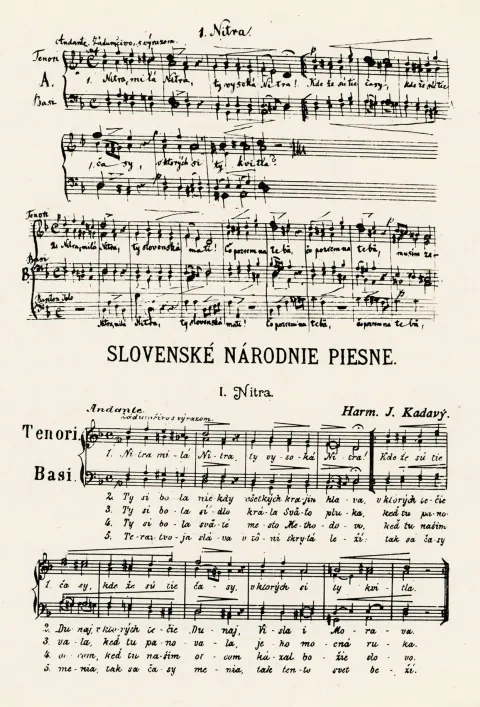 J. Kadavý: úprava piesne Nitra, milá Nitra pre mužský spevácky zbor, rukopis a prvotlač

