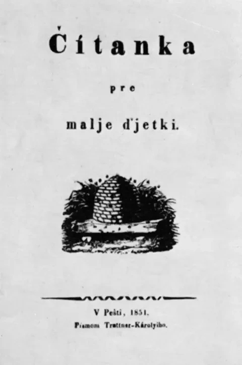 Titulná strana Čítanky pre malje ďjetki J. Kadavého, vydanie z 1851 