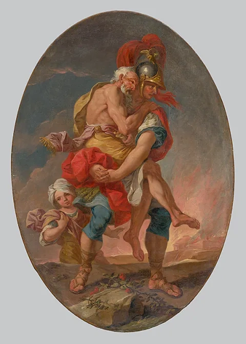 Stredoeurópsky maliar z 1. polovice 18. storočia: Aeneas zachraňuje Anchisa z horiacej Tróje, okolo 1730 - 50