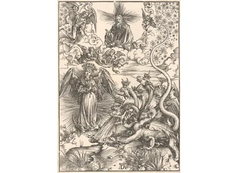 Albrecht Dürer: Nebeská žena a sedemhlavý drak, drevorez z cyklu Apokalypsa, 1498, Slovenská národná galéria