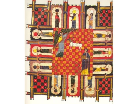 Ilustrácia Nebeský Jeruzalem z rukopisu Beata z Liébany Komentár k Apokalypse, 11. stor., Biblioteca National de España