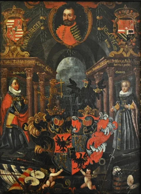 Andrej II. v uniforme kráľovského kapitána a erb rodu Kecerovcov, olejomaľba, neznámy autor, 18. stor., Krajské múzeum Prešov