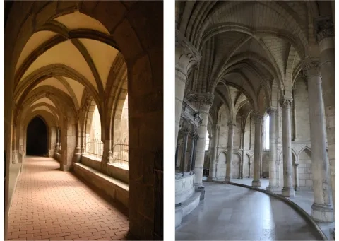 Ambit kláštora v Hronskom Beňadiku, 15. stor. (vľavo) a  v bazilike Saint-Rémi v Reimse, 1170 – 80 (vpravo)
