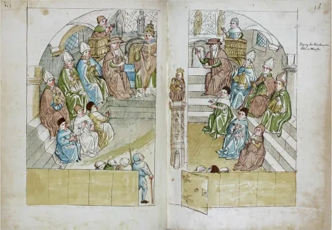 Zasadnutie koncilu v kostnickom dóme, ilustrácia z kroniky Ulricha von Richentala,1460 – 65
