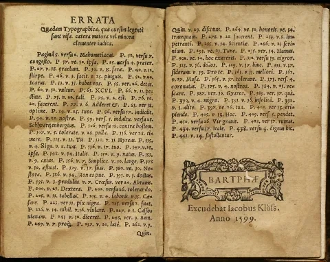 Jakub Klös st., ukážka tlače z knihy J. Bocatia Hungaridos libri poematum V, 1599, Bardejov
