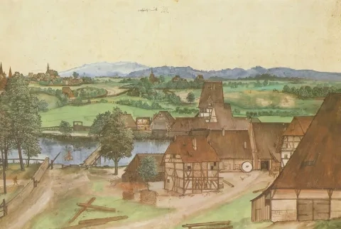 Albrecht Dürer: Drôtovňa na rieke Pegnitz, 1489 – 1494, Štátne múzeá, Berlín