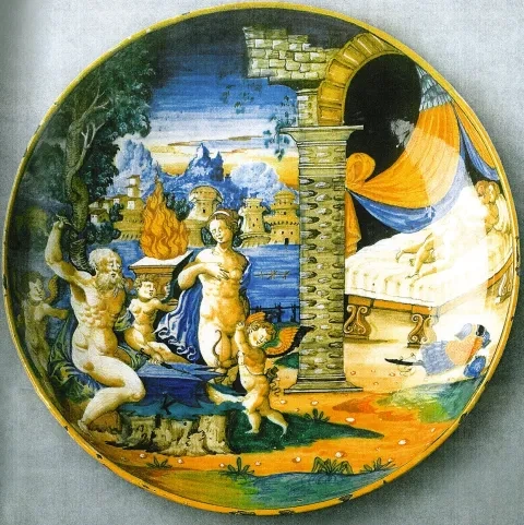 majolikový tanier z Urbina zdobený figurálnou maľbou (istoriato), maľba vysokožiarovými farbami, okolo 1540 – 50