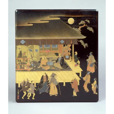 Ogawa Šomin: lakovaná škatuľka zdobená intarziou s výjavom obchodu so starožitnosťami, koniec 19. stor.