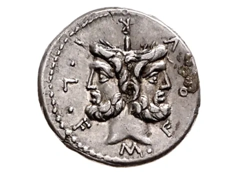 Boh Janus, strieborná minca, asi 119 pred n. l.,  Štátne múzeá, Berlín