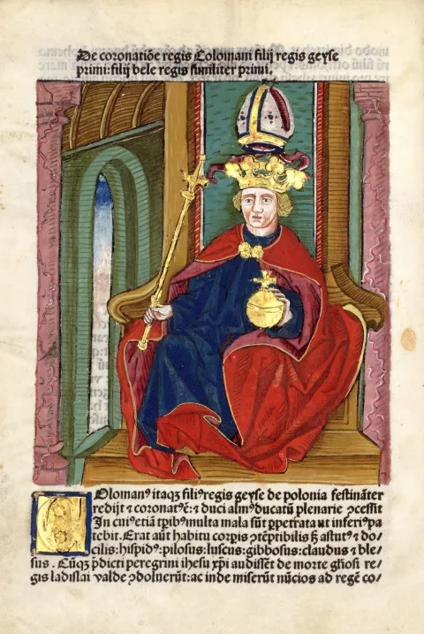Kráľ Koloman, iluminácia v Kronike Jána z Turca, 1488