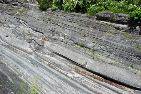Exarácia vápenca, ostrov Kelleys Island, Erijské jazero, Ohio, USA