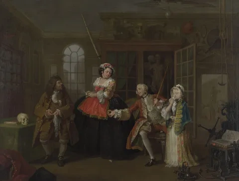 William Hogarth: Inšpekcia z cyklu Svadba podľa módy, 1743, Národná galéria, Londýn