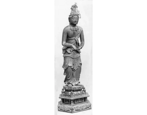 Spoločník bódhisattvu Kannona, koniec 12. – 13. stor., polychromované a zlátené drevo