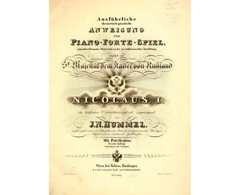 Titulný list klavírnej školy J. N. Hummela Podrobný návod na hru na klavíri (Ausführliche Anweisung zum Pianofortespiel), 182