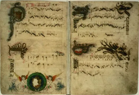 Henricus Isaac: Štvorhlasné moteto Palle, palle, iluminovaný rukopis, Florencia, 1480