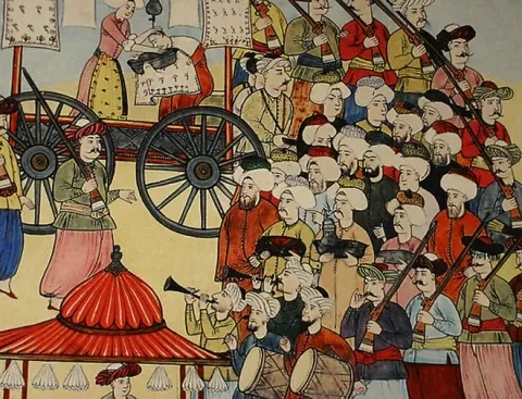 Janičiarsky tábor, detail z osmanskej maľby, 17. stor. 