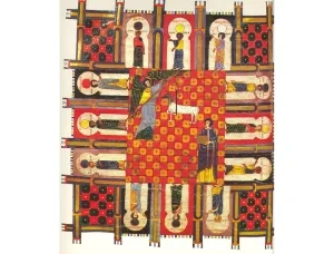 Ilustrácia Nebeský Jeruzalem z rukopisu Beata z Liébany Komentár k Apokalypse, 11. stor., Biblioteca National de España