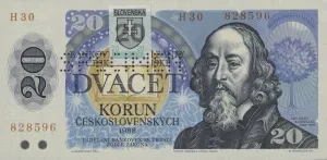 20-korunová československá bankovka s kolkom z 1993