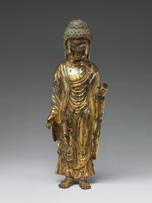 Stojaci Buddha z obdobia kráľovstva Zjednotená Silla, pozlátený bronz, 8. stor., Metropolitné múzeum umenia, New York