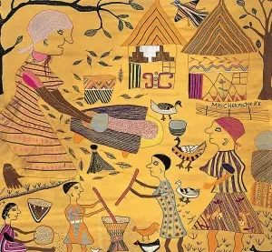 Život na dedine, vyšívaný obraz, Zimbabwe, 20 stor.
