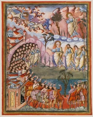 Iluminácia z Biblie z Opátstva sv. Pavla za hradbami nazývanej aj Biblia Karola II. Holého, okolo 870
