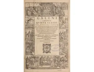 Titulná strana zo súborného diela Galeni omnia quae extant opera in Latinum sermonem conversa, 1565