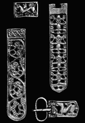 Avarské liate ozdoby opaskov s rastlinnými a antropomorfnými motívmi, Nové Zámky, Štúrovo a Železovce, 8. stor.