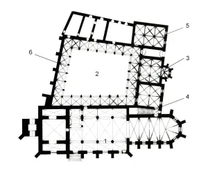Pôdorys bývalého kláštora františkánov- minoritov v Levoči, 1308, upravený v 17. stor.