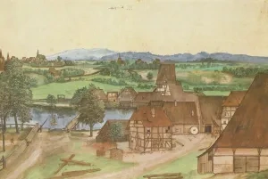 Albrecht Dürer: Drôtovňa na rieke Pegnitz, 1489 – 1494, Štátne múzeá, Berlín