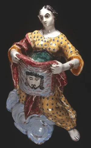 F. Kostka: Sv. Veronika, fajansa, maľba vysokožiarovými farbami, začiatok 20. stor. 