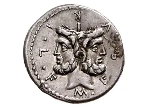 Boh Janus, strieborná minca, asi 119 pred n. l.,  Štátne múzeá, Berlín