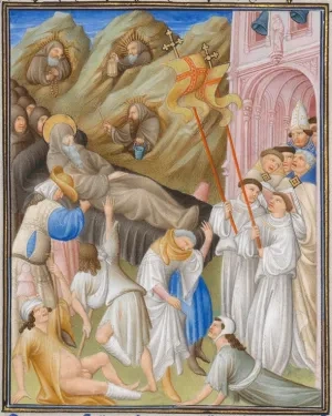 Chorí na pohrebe sv. Hieronyma, detail, Krásne hodinky vojvodu z Berry,  1405 – 08/9, Metropolitné múzeum umenia, New York