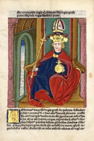 Kráľ Koloman, iluminácia v Kronike Jána z Turca, 1488