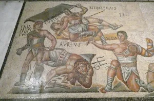 Zápas gladiátorov, časť mozaiky zo 4. stor., Galleria Borghese, Rím
