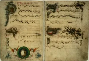 Henricus Isaac: Štvorhlasné moteto Palle, palle, iluminovaný rukopis, Florencia, 1480