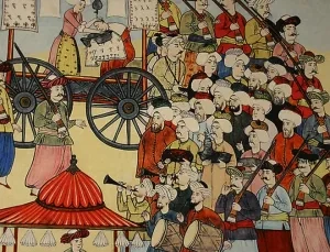 Janičiarsky tábor, detail z osmanskej maľby, 17. stor. 
